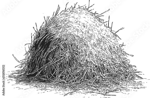 Detailed black and white sketch of a haystack with sharp straw details. Vector illustration