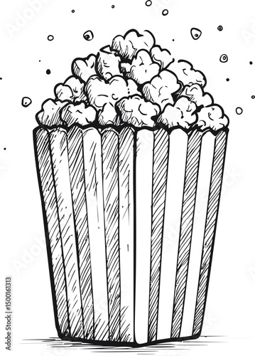 Hand drawn sketch of a popcorn box with detailed kernels and lines. Vector illustration