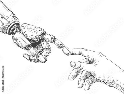 Mechanical hand reaching out to human fingertip, line drawing of human connection. Vector illustration