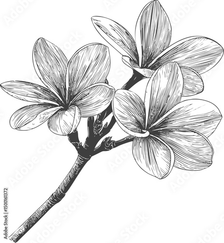 Detailed black and white sketch of plumeria flowers on a branch. Vector illustration