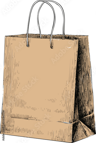 Brown paper shopping bag illustration with handles in a sketch style. Vector illustration