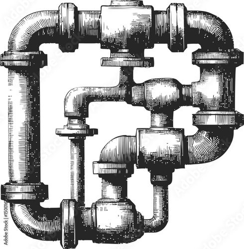 Complex network of industrial metal pipes in black and white sketch style. Vector illustration