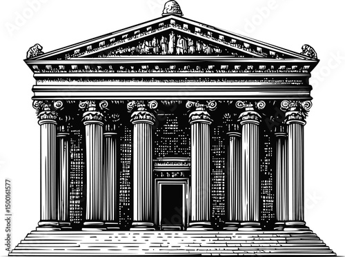 Classical greek temple with columns and pediment in black and white. Vector illustration