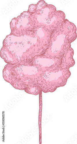 Detailed pink cotton candy drawing with textured fluffy appearance. Vector illustration in sketch style