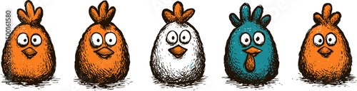 Cartoon chickens in various colors with quirky expressions, digital illustration. Vector illustration