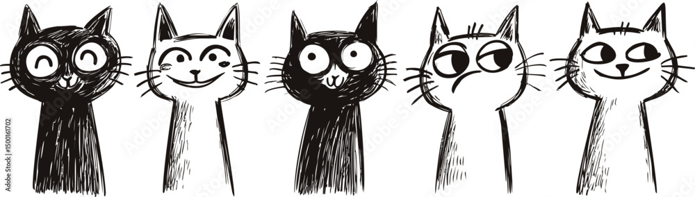 Fototapeta Five cartoon cats with varying facial expressions, black and white drawing. Vector illustration