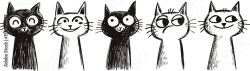 Five cartoon cats with varying facial expressions, black and white drawing. Vector illustration