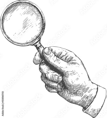 Vintage sketch of a hand holding a magnifying glass, illustrative drawing. Vector illustration