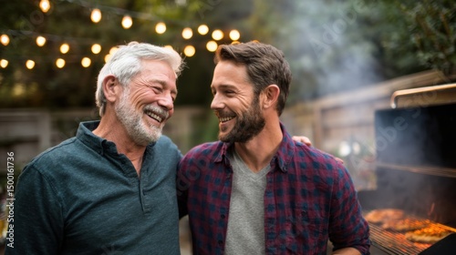 Happy father and adult son enjoying a backyard barbecue with warm lights in the background perfect for father's day