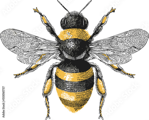 Detailed illustration of a bumblebee with yellow and black stripes on white. Vector illustration