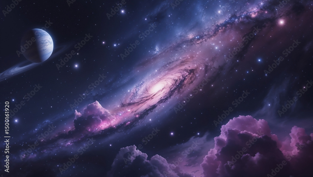 Fototapeta premium Blue light illuminates a dark, abstract planet in the deep starry cosmos