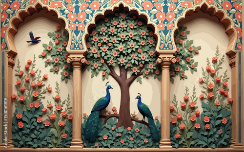 Royal Garden Reverie: A Mughal-Inspired Ornate Wall Panel vector.