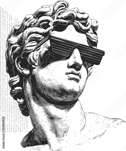Sculpture of ancient bust with modern sunglasses in monochrome style. Vector illustration