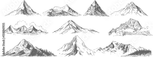 Detailed sketches of various mountains in black and white, artistic collection. Vector illustration
