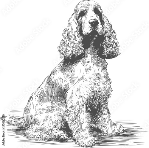 Hand-drawn cocker spaniel sketch with detailed fur and curious expression. Vector illustration