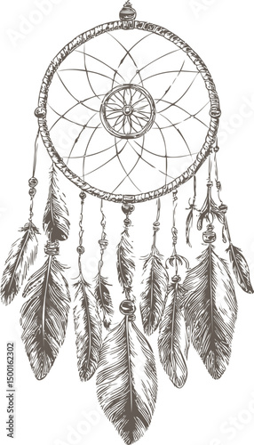 Intricate sketch of a detailed dreamcatcher with feathers and beads. Vector illustration