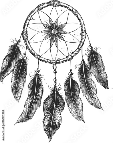 Detailed black and white drawing of a dreamcatcher with feathers sketch. Vector illustration