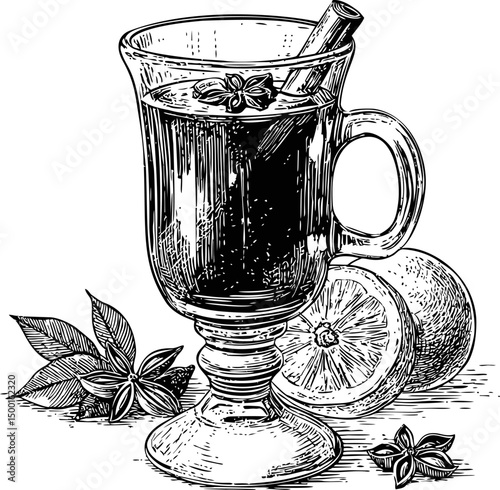 Elegant illustration of mulled wine glass with spices and citrus, black and white art. Vector illustration in sketch style