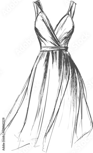 Elegant black and white sketch of a flowing sleeveless dress design. Vector illustration