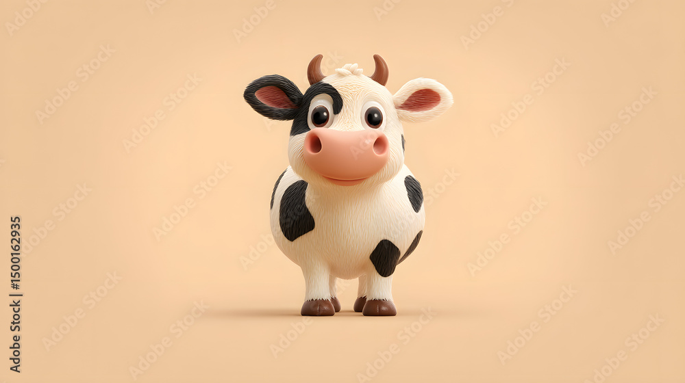Fototapeta premium A cheerful cartoon cow with black and white spots, smiling against a soft beige background.