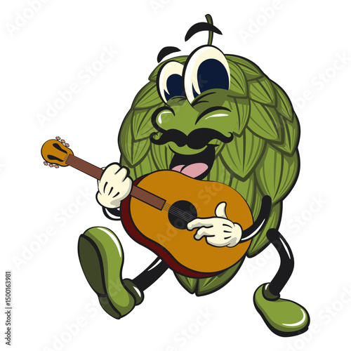 vintage hops vektor illustration mascot character with moustache playing guitar, work of hand drawn