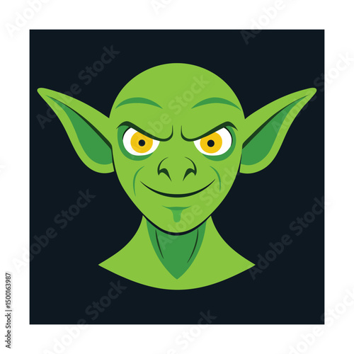 Vector illustration of a grinning green cartoon goblin with piercing yellow eyes