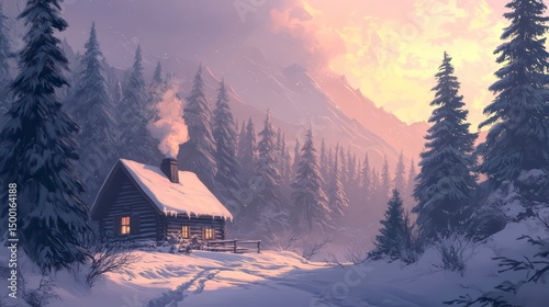 Cabin in the woods with a chimney and smoke coming out of it. The cabin is surrounded by trees