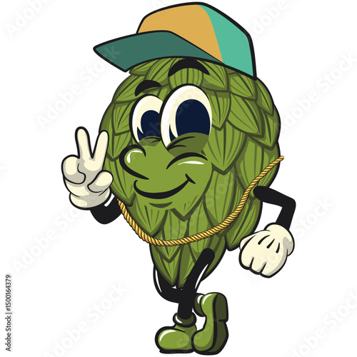 vintage hops vektor illustration mascot character wearing a hip-hop style hat and wearing a sparkling gold necklace, work of hand drawn