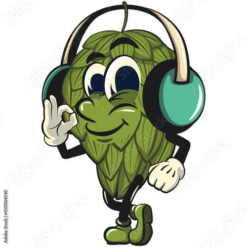 vintage hops vektor illustration mascot character listening to headset while dancing, work of hand drawn