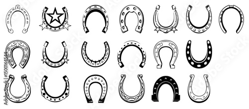 Horse Shoe Collection: A black and white array of various horse shoes, each meticulously detailed and decorated, exuding vintage charm and symbolizing good fortune.