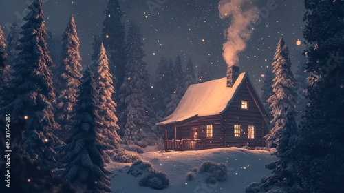 Cozy cabin in the woods with a chimney and a fireplace. The cabin is surrounded by trees and snow