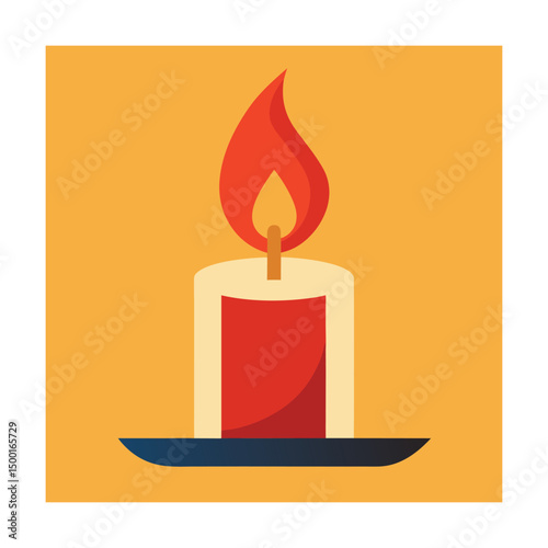 Colorful flat illustration of a lit candle with a flickering flame on a yellow background