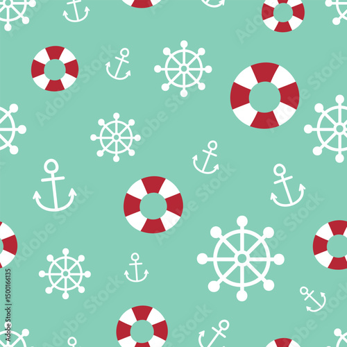 Seamless pattern with lifebuoys, anchors, and ship wheels, in nautical style. Vector illustration. It can be used for wallpapers, wrapping, cards, patterns for clothes and other.