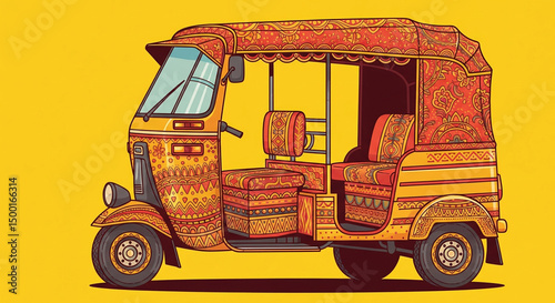 Vintage Indian auto rickshaw illustration in crazy Indian artwork style, bright colorful art of auto