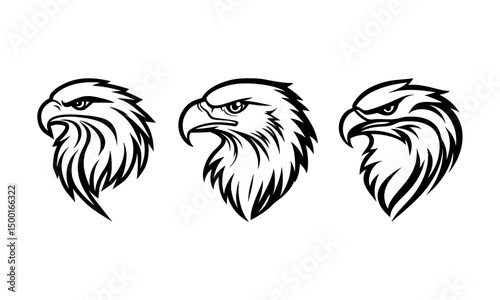 Three vector silhouettes of an evil hawk head. Eagle head mascot.