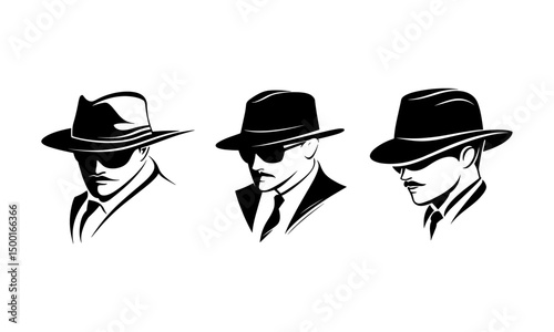 Three vector silhouettes of gentlemen in stylish fedora hats and glasses. Vector illustrations of classic men's vintage headwear.
