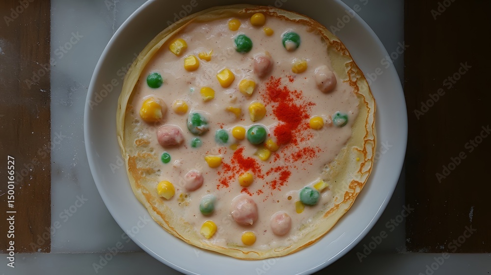 Delicious Crepe with Creamy Sauce Topped with Corn and Peas Delicious Crepe with Creamy Sauce Topped with Corn and Peas