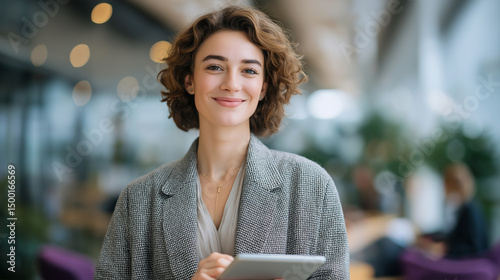 A confident businesswoman using a tablet in a modern office environment photo