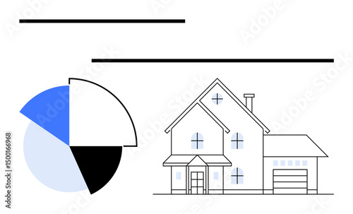 Minimalist house outline paired with a segmented pie chart for market analysis. Ideal for real estate, analysis, investment, housing data, statistics, property insights, flat simple metaphor