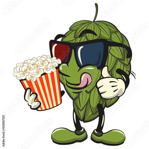 vintage hops vektor illustration mascot character with a bucket of popcorn with wearing 3d glasses, work of hand drawn