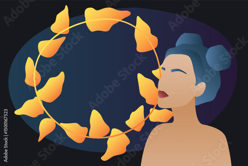 Abstract Graphic Boho Woman Portrait. Gradient Colored Young Female Character Illustration. Minimalist Romantic Person Art. Dark Colors on Black Background.