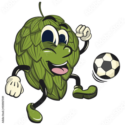 vintage hops vektor illustration mascot character playing football or soccer, work of hand drawn