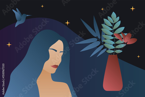 Abstract Graphic Boho Woman Portrait. Gradient Colored Young Female Character Illustration. Minimalist Romantic Person Art. Dark Colors on Black Background.