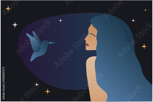 Abstract Graphic Boho Woman Portrait. Gradient Colored Young Female Character Illustration. Minimalist Romantic Person Art. Dark Colors on Black Background.