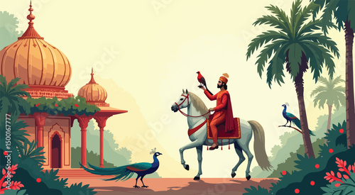 A Mughal Prince Amidst Palatial Gardens and Exotic Birds, Illustrator Artwork