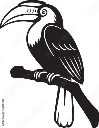 Tropical bird perched silhouette, exotic toucan illustration