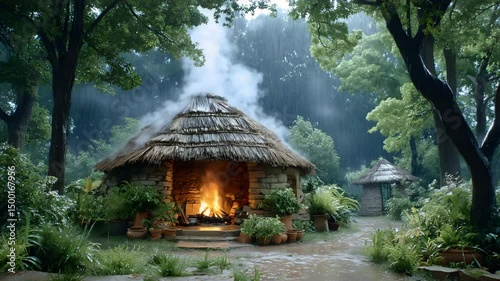 rainy jungle village with cozy fire rainy village hut with warm fire, cozy rainy village hut cooking scene, rustic stone hut in rainy village with fire rustic forest hut in monsoon season