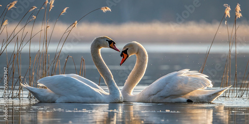 A pair of swans is placed one by one in the shape of a heart. A symbol of loyalty, fidelity, harmony and unity in nature.