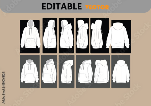 Twelve views of a blank white hoodie sweatshirt template