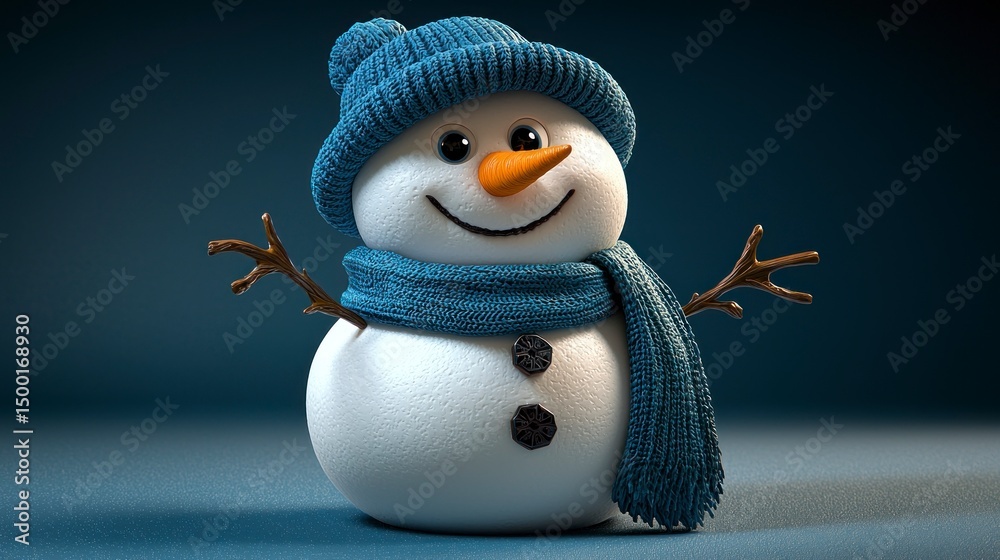 Obraz premium Adorable snowman in hat and scarf against a dark blue backdrop